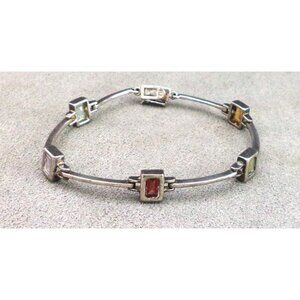 Gemstone + STERLING Silver Long LINK BRACELET 7" Citrine Amethyst Garnet Vintage